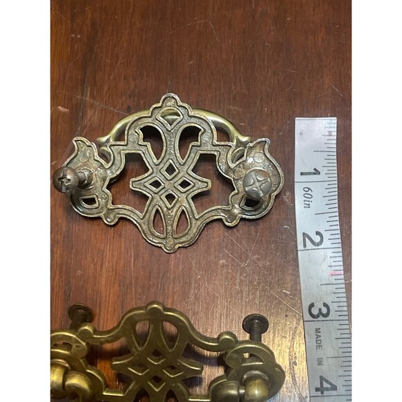 2 Antique Brass Drawer Pulls Queen Anne Intricate Design Screws 3.5" x 2.5" - Picture 5 of 5